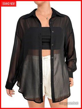 Plus Size Sheer Mesh Long Sleeve Button Down Blouse Top